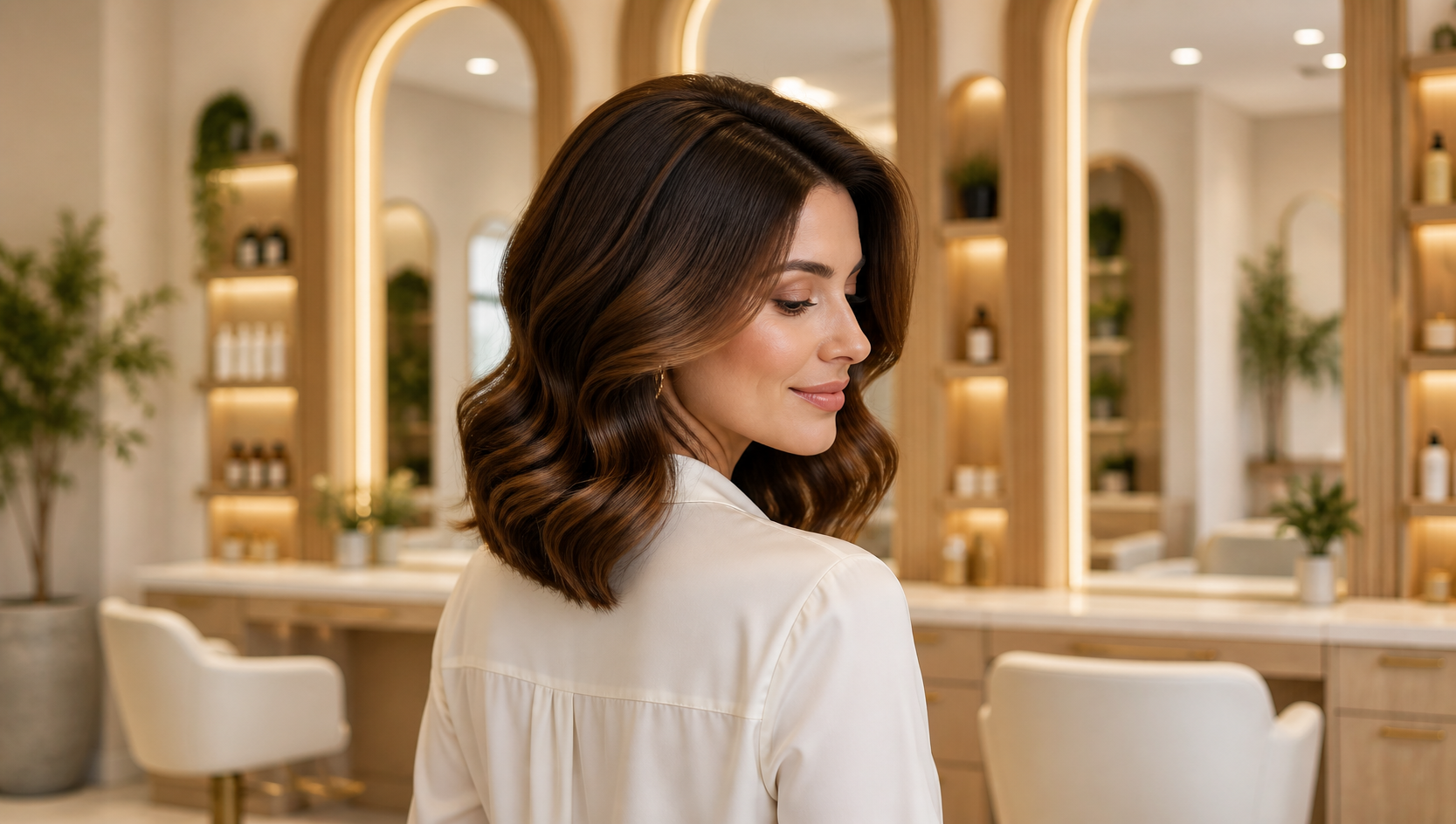 Brunette client with a polished blowout inside an elegant salon