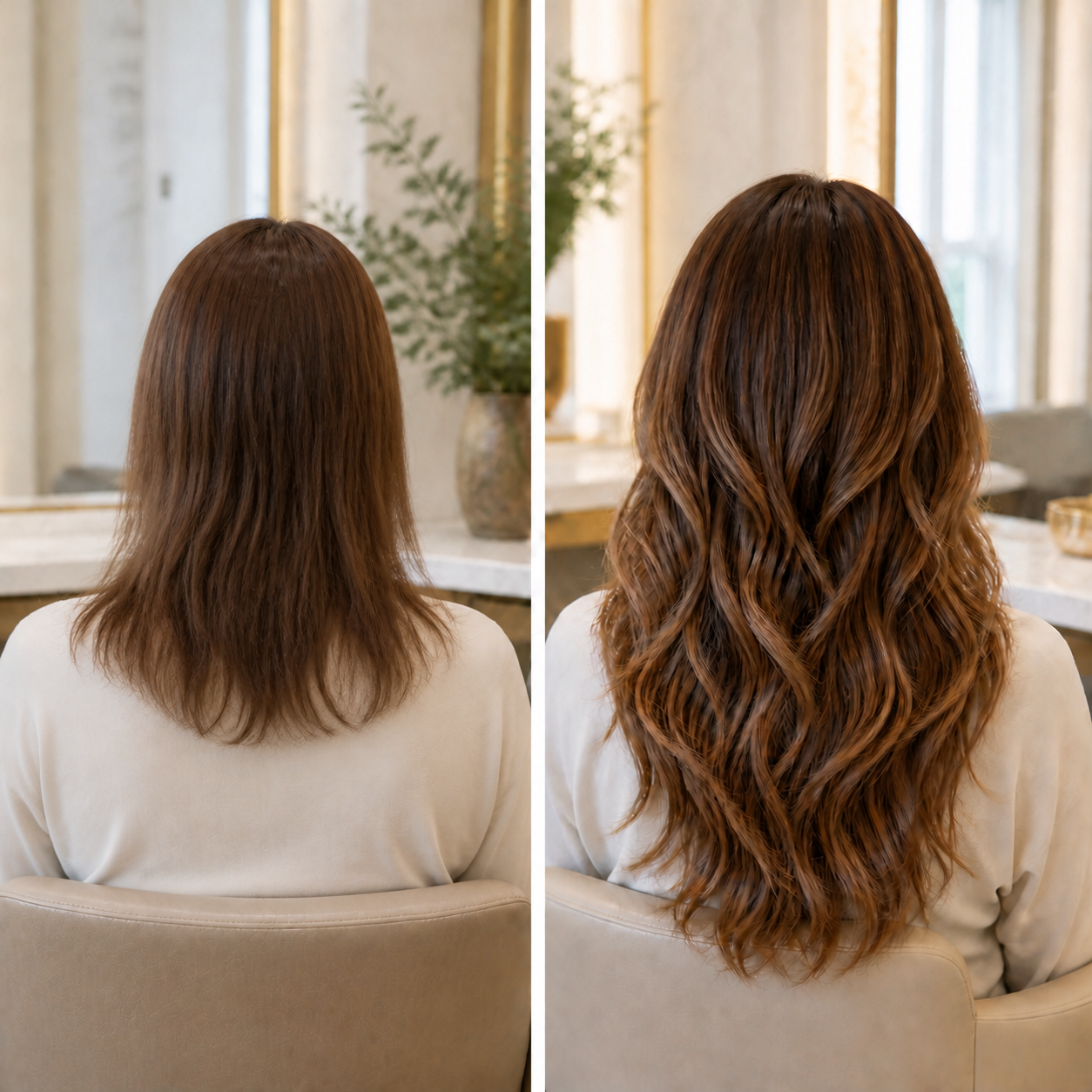 Before and after hair extensions with soft highlights