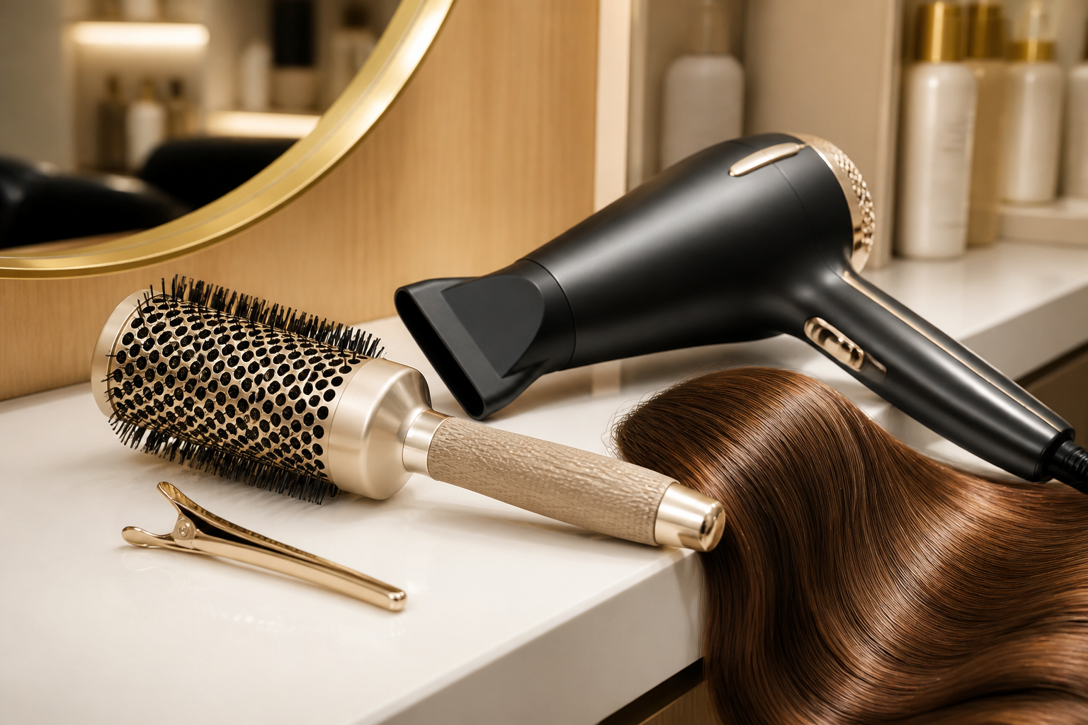 Brunette hair beside professional blowout tools