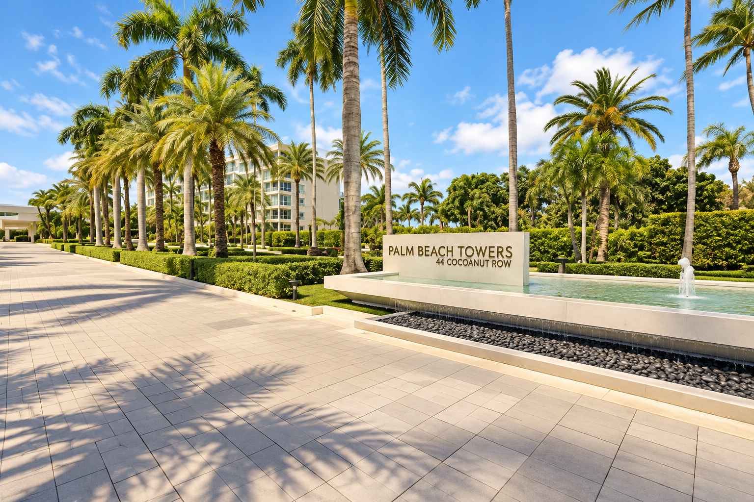 Palm Beach Towers entrance on Cocoanut Row, framed by palms and landscaped grounds