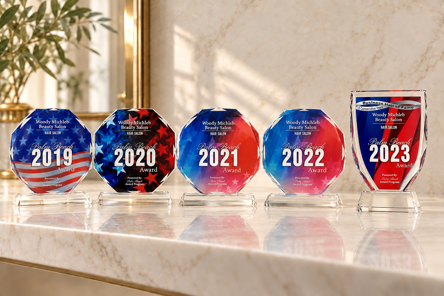 Woody Michleb Beauty Salon's five consecutive Palm Beach Best Hair Salon awards from 2019 through 2023